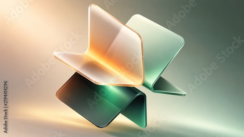 Abstract floating bent acrylic sheets with frosted glass and glowing pastel gradient light 3d render
