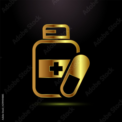 Medical bottle icon with cross symbol and capsule pill in golden gradient.