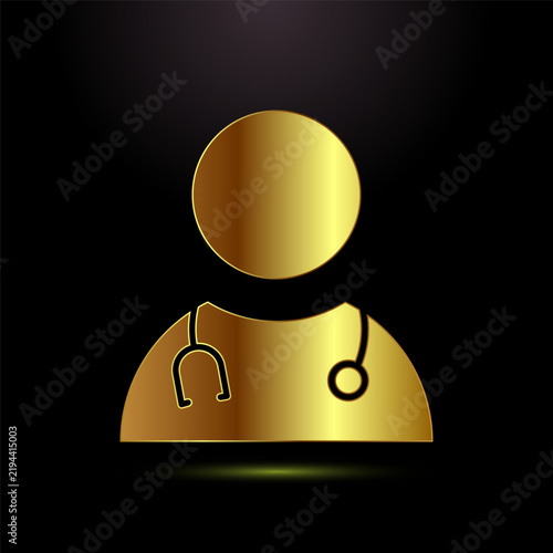 Golden doctor silhouette icon with black stethoscope outline for medical health care logo.