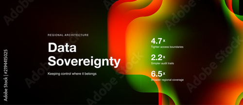 Abstract design highlights data sovereignty concept. Metrics show improvements in access, audits, coverage. Modern visual presentation.