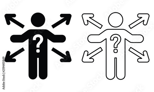 Black and white human silhouette icons with question marks showing confusion while choosing multiple paths on a plain background.