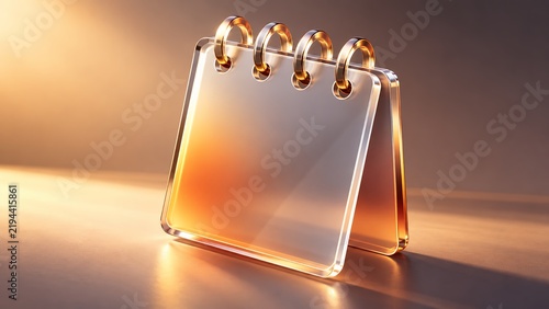 Translucent glass desk calendar icon with gold spiral rings and warm amber sunset lighting 3d render