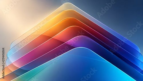 Stack of overlapping translucent curved glass layers with sunset orange and vibrant blue neon gradient light 3d render