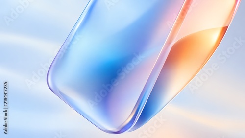 Abstract rounded translucent glass shape with cyan blue and warm amber gradient light reflections 3d render