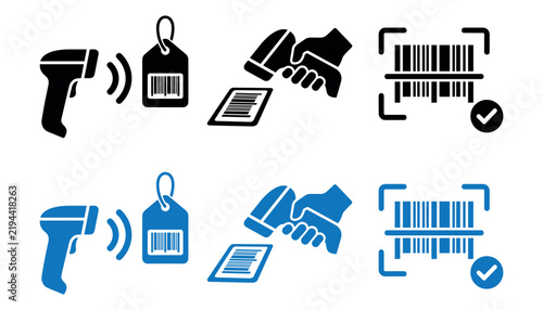 Set of barcode scanner vector icons in black and blue colors for inventory management and retail systems