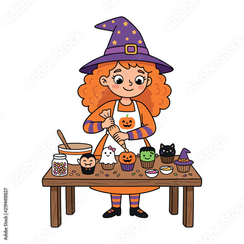 Cute cartoon witch decorating Halloween cupcakes with frosting and sprinkles at a table