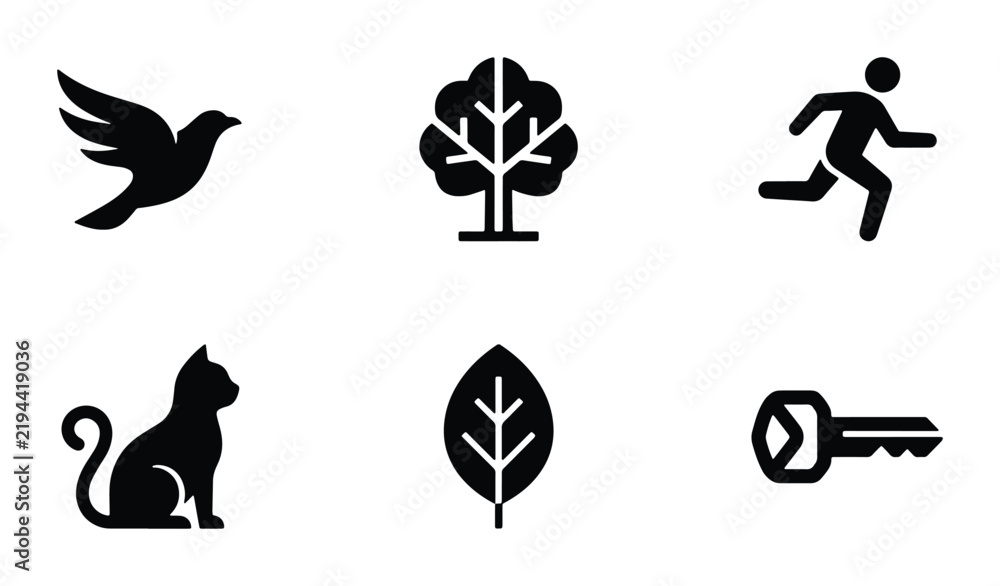 Fototapeta premium Simple Black Icons: Bird, Tree, Runner, Cat, Leaf, Key, Vector Graphics for Design