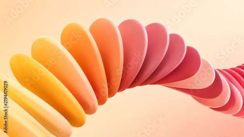 Spiral arch of matte rounded petal plates in pastel yellow warm orange and coral pink gradient 3d render