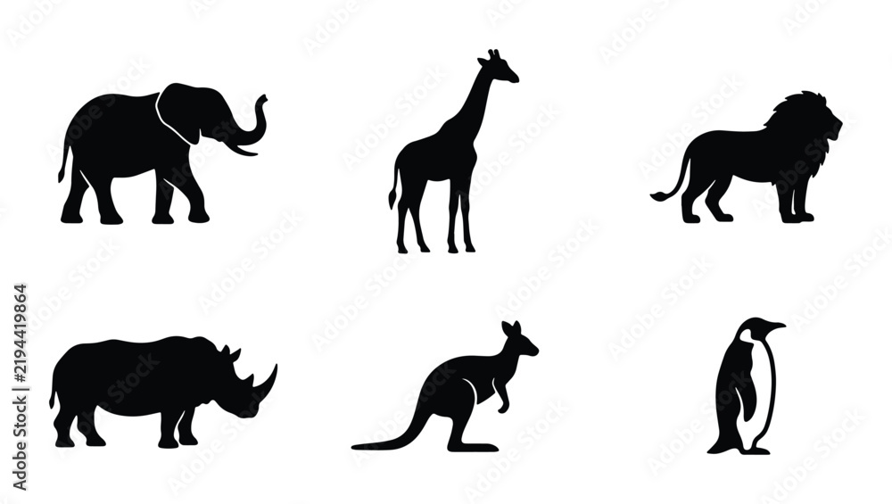 Fototapeta premium African Safari Animals Silhouette Icons: Elephant, Lion, Giraffe, Rhino, Kangaroo, Penguin Vector Set