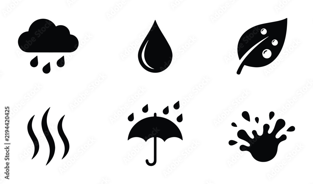 Fototapeta premium Weather Icons Set: Rain, Water Drop, Leaf, Steam, Umbrella, Splash - Vector Graphics for Climate and Nature