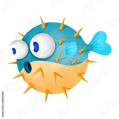 Canvastavla Cute Spiky Blue Orange Pufferfish Character