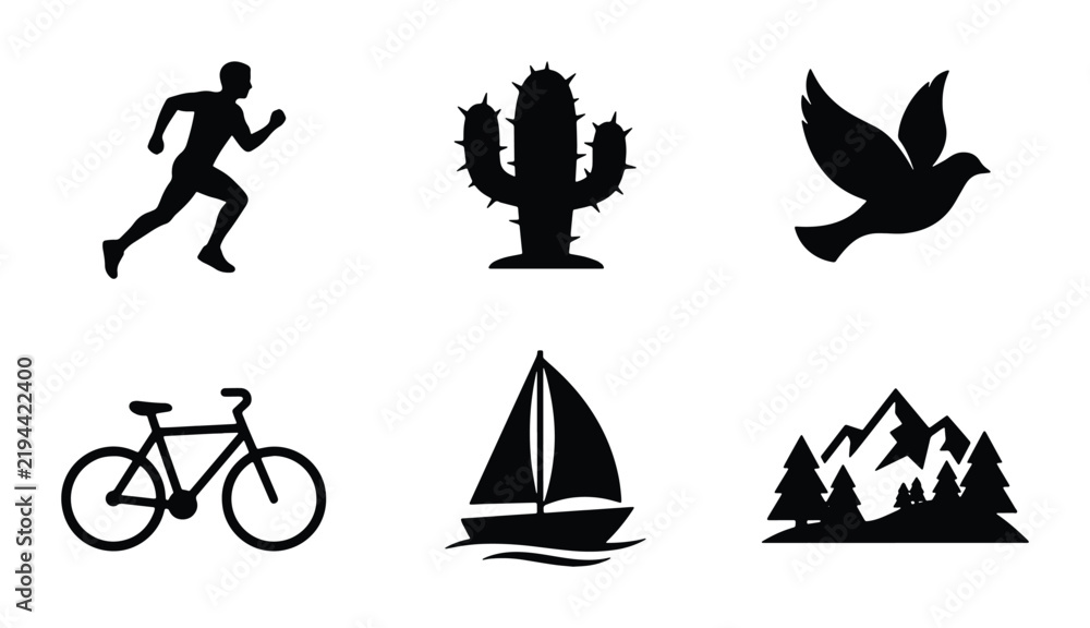 Fototapeta premium Silhouette Icons: Runner, Cactus, Dove, Bicycle, Sailboat, Mountains, Nature, Sport, Travel, Vector Graphics