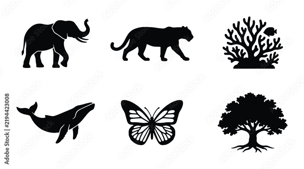 Obraz premium Set of 6 Silhouette Icons: Elephant, Tiger, Coral Reef, Whale, Butterfly, Tree - Nature and Wildlife Vector Graphics