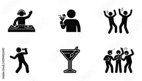 Party Icons Set: DJ, Cocktail, Dancing People, Singer, Celebration Vector Graphics