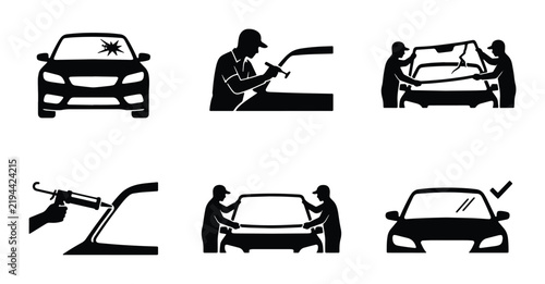 Car Windshield Repair and Replacement Icons, Automotive Glass Service Vector Set