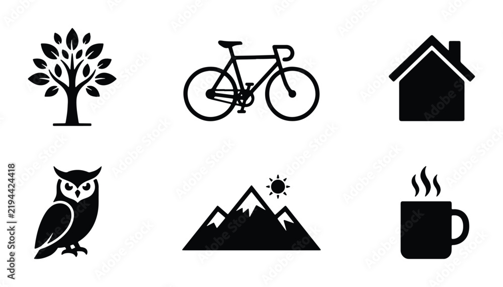 Fototapeta premium Vector Icons: Tree, Bicycle, House, Owl, Mountains, Coffee Cup, Simple, Modern, Black and White Graphics