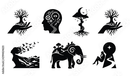 Foto Abstract Conceptual Vector Icons: Mind, Nature, Growth, Journey, Elephant, Silho
