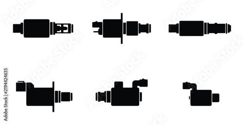 Industrial Solenoid Valves Set, Mechanical Components Vector Icons, Black Engineering Parts Collection