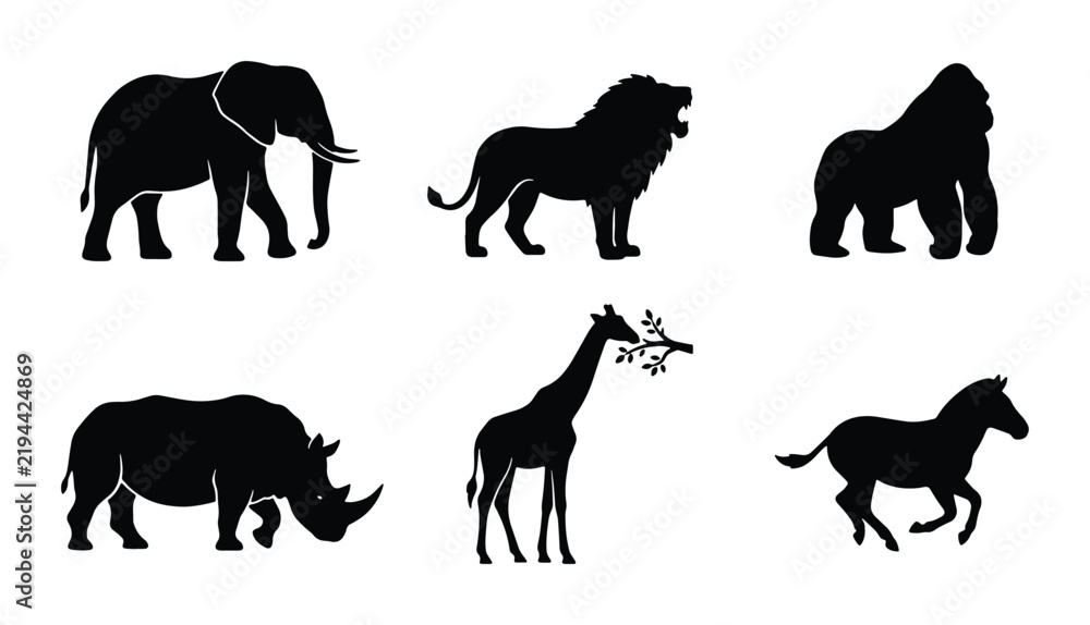 Fototapeta premium African Wildlife Silhouettes: Elephant, Lion, Gorilla, Rhino, Giraffe, Zebra Vector Set