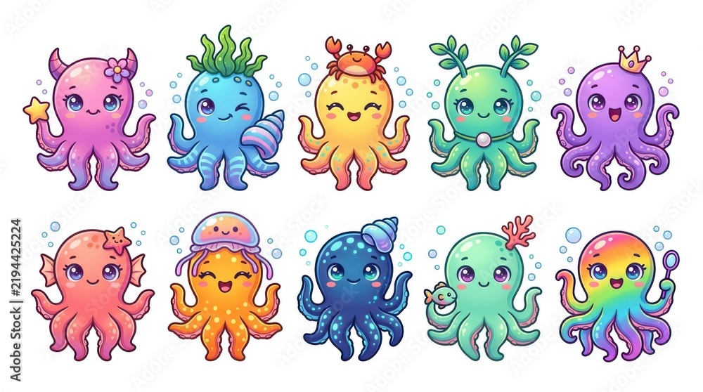 Fototapeta premium Colorful cartoon octopus characters with cute faces