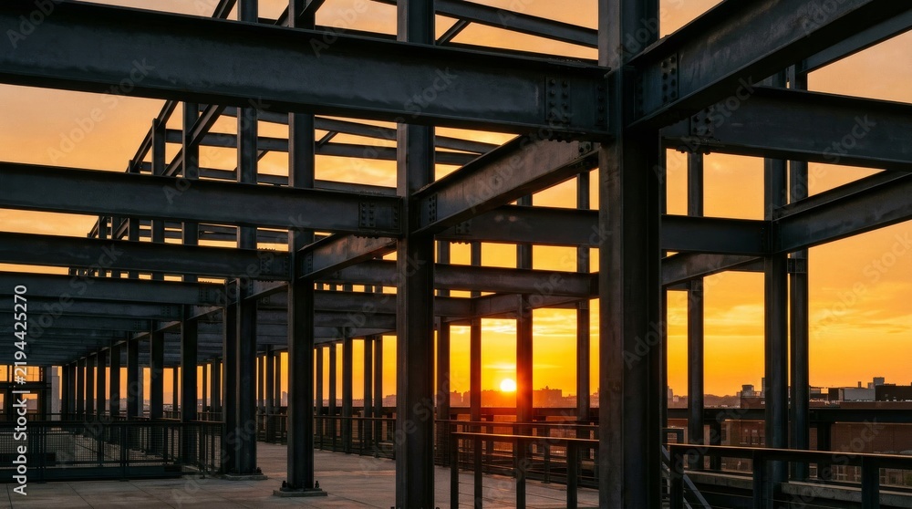 Obraz premium Steel framework of urban building under construction at sunset
