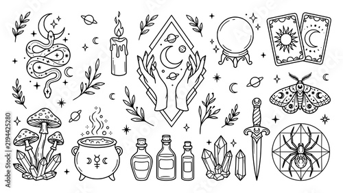 Cuadro en lienzo Collection of mystical esoteric elements for witchcraft and occult magic design