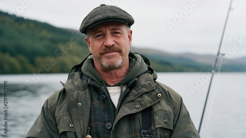 Man smiles gently near calm lake waters. Gray beard, cap, and rugged coat suggest seasoned angler. Fishing rod stands ready beside him. Misty hills frame serene backdrop. Ideal for outdoor, fishing