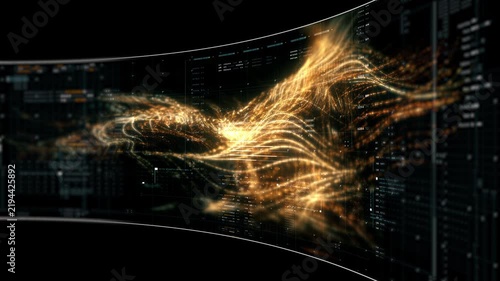 Abstract particle motion with vibrant colors, digital flowing particles, VR, futuristic sci-fi, tech innovation, and immersive cyber space background