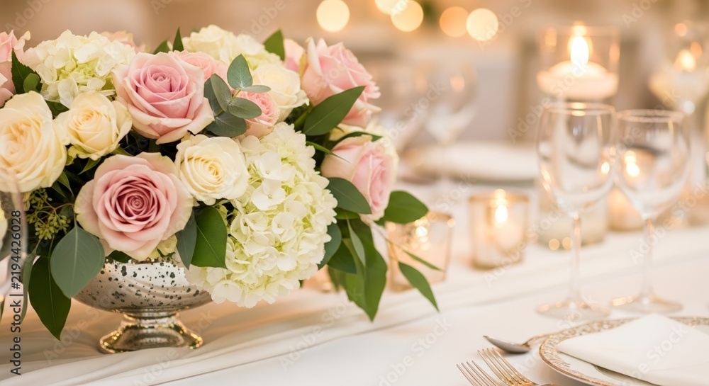 Obraz premium Elegant flower arrangement in silver vase at beautifully decorated table. Soft pink and white roses with green leaves create lovely centerpiece for romantic event.