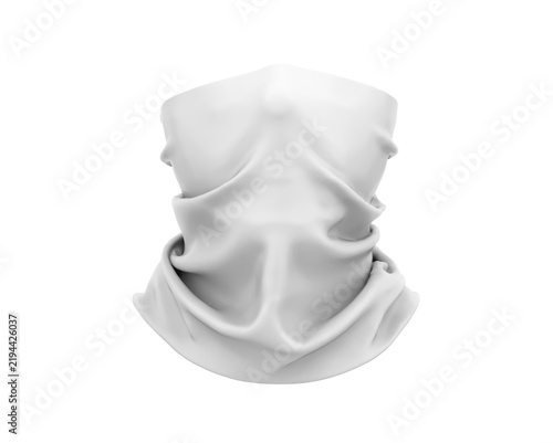 Neck gaiter mockup shows realistic fabric folds, soft texture on white. Neckwear product for fashion, design branding.