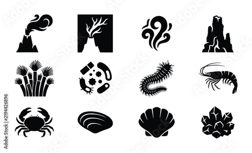 12 Natural Phenomena and Marine Life Silhouette Icons, Silhouette, for Science Education and Biology Concepts