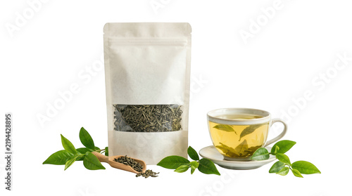 Green tea leaves in a pouch and a cup of tea isolated on transparent background
