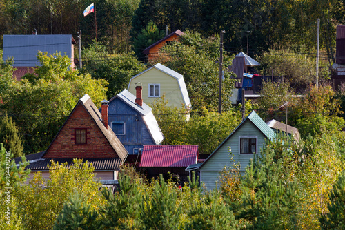 Colorful wooden cottages nestled within a lush green forest, cozy dacha neighborhood with small country houses, Russian countryside summer escape, peaceful woodland residential village view