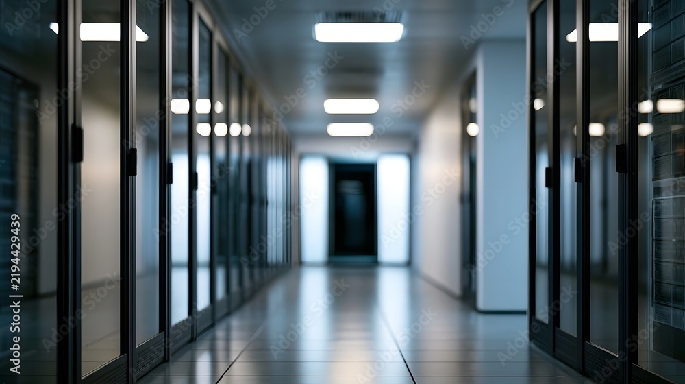 Fototapeta premium A long corridor lined with glass fronted server racks under bright ceiling lights creating a clean modern tech environment