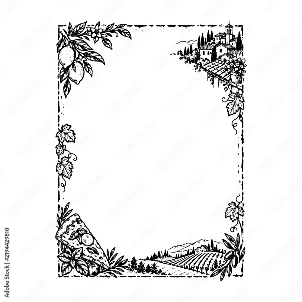 Obraz premium Tuscany Italy landscape border frame with pizza lemons vineyard and village in vintage engraving style