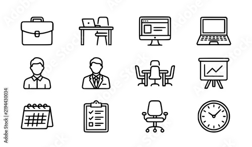 Editable Work Line Icon Set – Monochrome Business Vector Collection