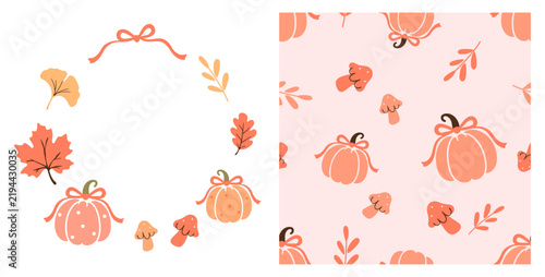 Seamless autumn pumpkin pattern featuring hand drawn pumpkins with ribbon bows, colorful fall leaves, tiny mushrooms and botanical branches on a soft pastel pink background in simple flat vector.
