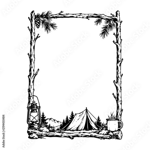 Wilderness camping border frame with tent lantern pine branches and camp mug in vintage engraving style