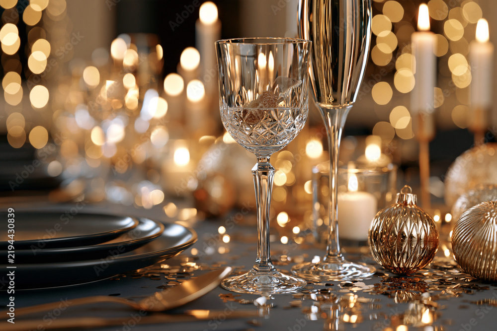 Obraz premium Golden lights twinkle softly behind crystal glassware. Dark plates and cutlery gleam beside elegant goblets. Candles cast warm, inviting glow across polished table