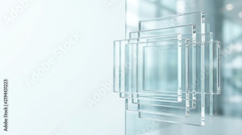 Layered acrylic rectangles, transparent acrylic background for business presentation, consulting website, annual report and corporate branding, close-up, anchored right with empty area on the left,