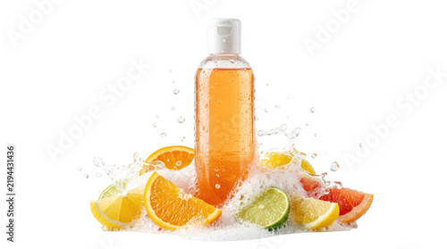 Bottle of orange citrus shower gel with fresh fruit isolated on transparent background