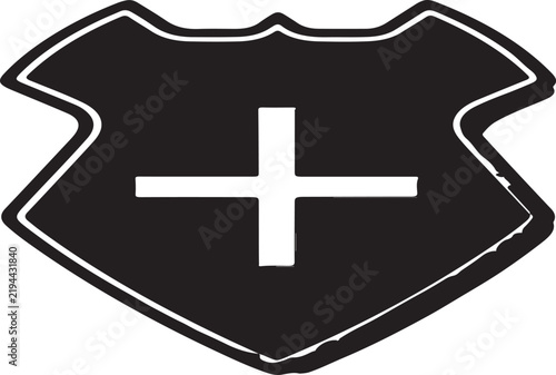 Monochrome Shield Badge Vector Icon with Plus Cross Symbol