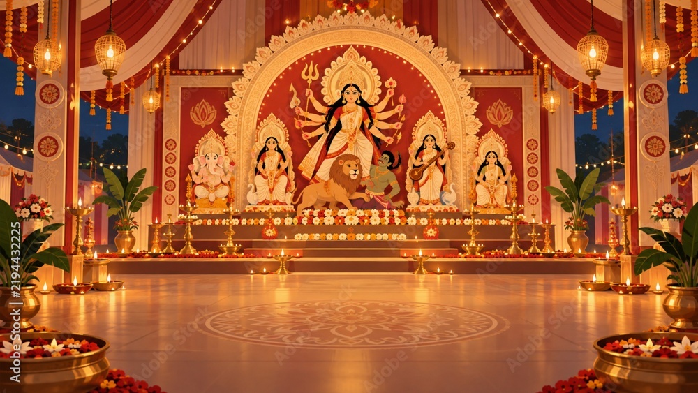 Fototapeta premium Main altar of a grand durga puja pavilion with decorative lighting