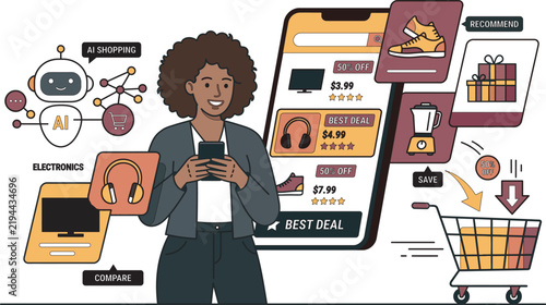 Young woman using phone app for automated smart AI shopping discounts and electronics recommendations.