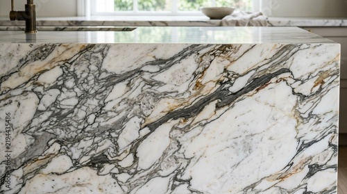 Luxurious Marble Kitchen Countertop with Veins, Close-up Detail