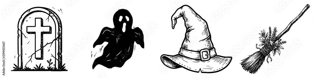 Obraz premium Spooky cemetery line art with ghost and raven icons