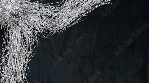 Silver tinsel streamers arranged on a dark background for a celebration. Festive unboxing kit accessories create a luxury party atmosphere.