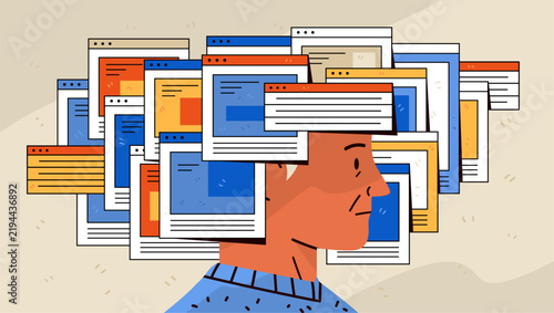 Cognitive overload and browser tabs digital stress screen fatigue concept person overwhelmed by multiple open windows colorful flat background