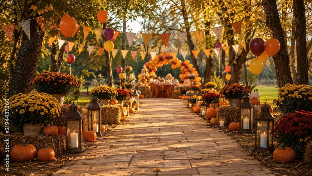 Obraz premium Outdoor autumn birthday party decoration with balloons, bunting flags, pumpkins, lanterns and chrysanthemum flowers along garden path. Cozy fall celebration setup for kids party. Harvest festival