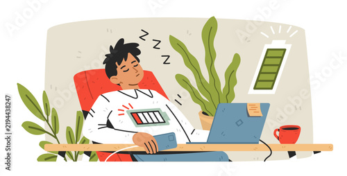 Digital fatigue and depleted energy digital burnout tired office worker sleeping at desk low battery plants laptop coffee flat workspace